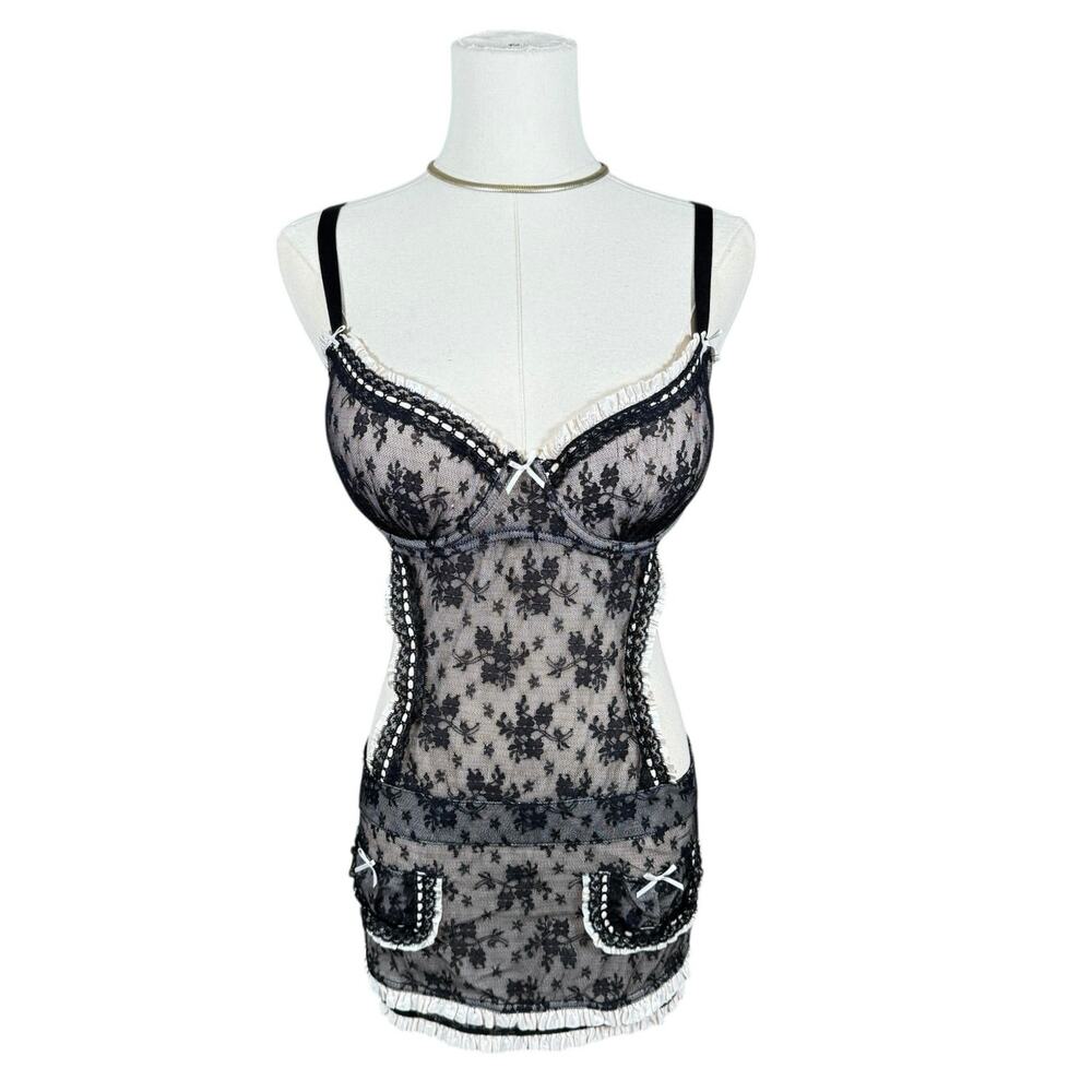 Victoria’s Secret Lace Lingerie Apron Tie Dress 36D Black Sheer Babydoll Sexy